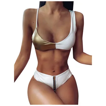 

fashion Women's bikini swimwear women Bikini Patchwork Zipper Set Swimsuit Two Piece Filled Bra Swimwear Beachwear Free Shipping