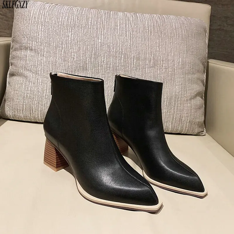 

2020 New Genuine 100% Leather Footwear Arrival Ankle Boots Rubber Riding Feminine Shoes Women's High Heels Booties
