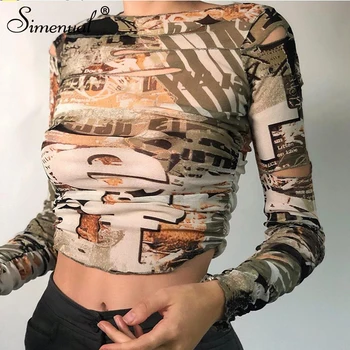 

Simenual Cut Out Aesthetic Print Sexy Women Crop Tops Long Sleeve Fashion Autumn Skinny Club T-Shirt Hollow Out Slim Party Tees