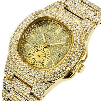 Relojes de marca de lujo para Hombre de Hip Hop, pulsera de aleación de moda con fecha de diamante, Reloj de cuarzo Vintage, Reloj para Hombre, Acero Inoxidable