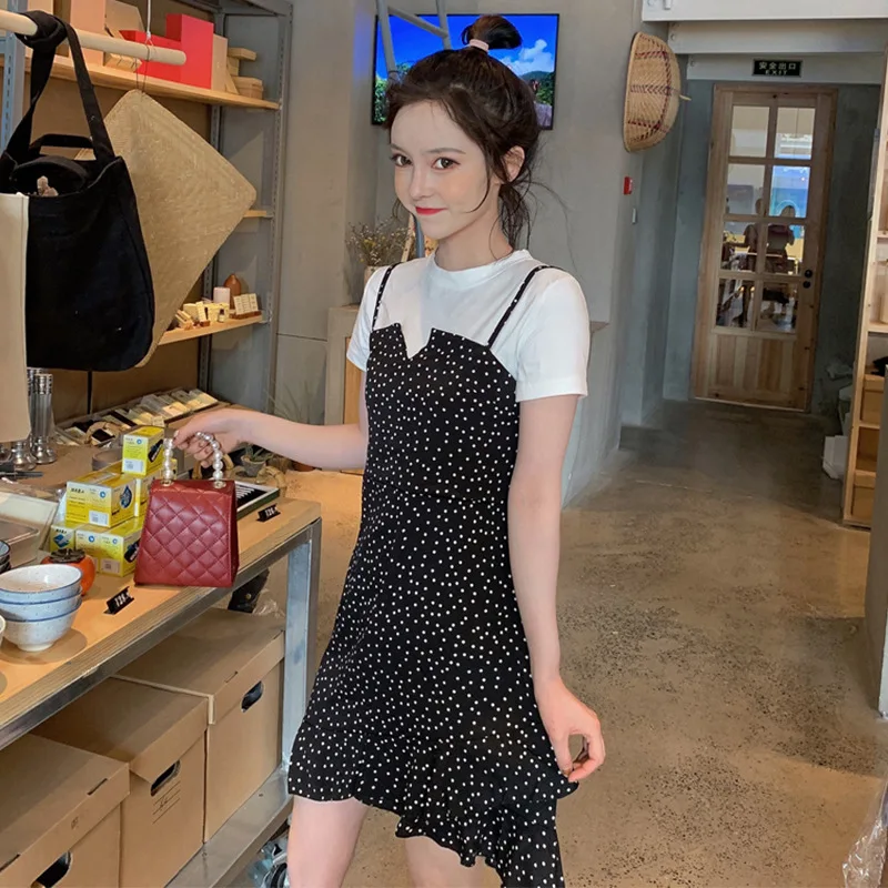 

2019 Summer Korean-style New Style White Short Sleeve T-shirt Women's + Polka Dot Strapped Dress Two-Piece Dress WOMEN'S Dress
