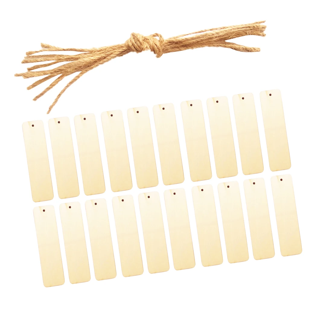 20pcs Blank Rectangle Wood Pieces Gift Tags Bookmark w/ String Scrapbooking DIY Craft Tags Labels Book Mark Hanging Decoration