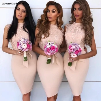 

Vestido marsala2021 new high neck lace satin peach pink sexy mermaid bridesmaid dress Tea Length wedding party dress Gown