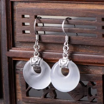 

Sterling Silver Earrings Luck White Cat Eyes Stone / Black Agate Circle Dangle Earrings 34x15mm