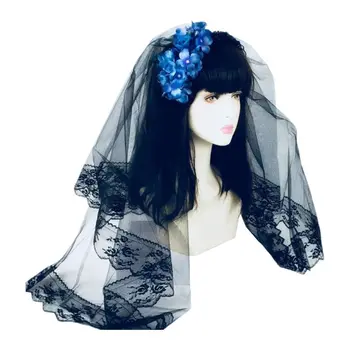 

Double Layer Flower Decor Wedding Veil Black Lace Rim Tulle Mesh Headband for Women Girls Festival Halloween Cosplay Party