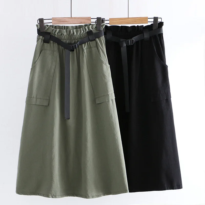 

Sweet Autumn New Style Simple Versatile Solid Color Frilled Elastic Waist Fashion Belt Slimming Skirt Long Skirts