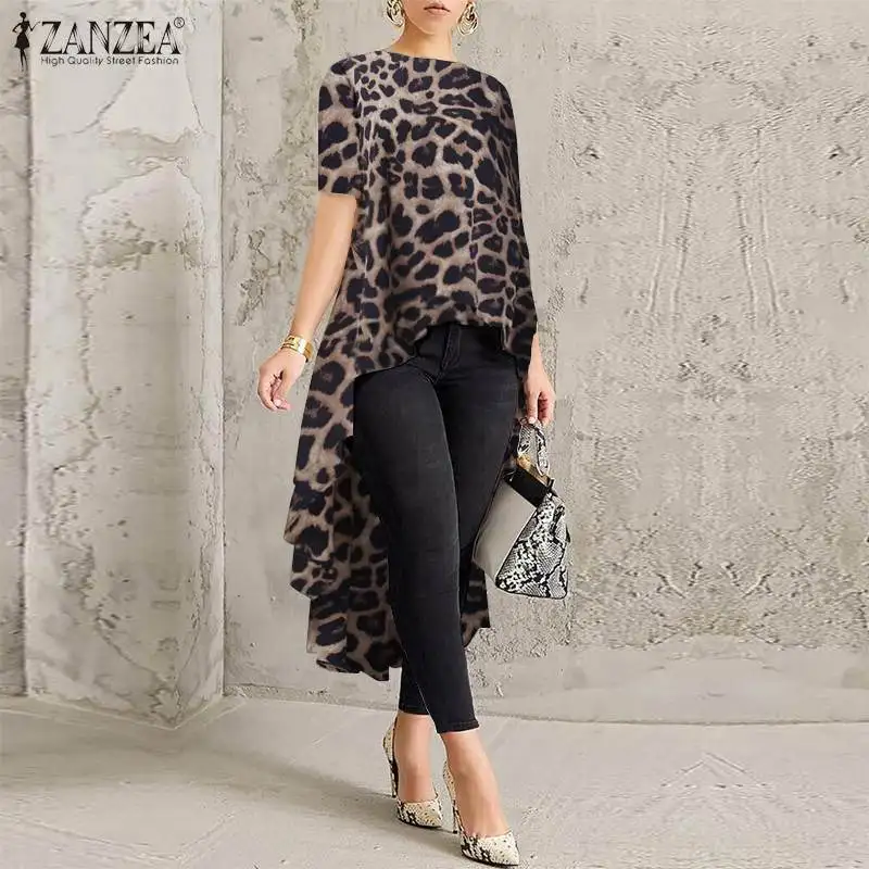 

ZANZEA Fashion Leopard Printed Blouse Spring Casual Tunic Tops Women Short Sleeve Party Asymmetrical Shirt Female Blusas Vestido