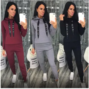 

Autumn Winter 2 Piece Set Women Hoodie Pants Printed Tracksuit Pullover Sweatshirt Trousers With Pockets Tracksuit Suits