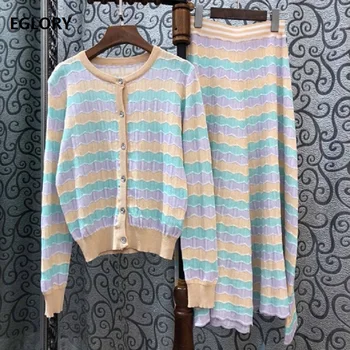 

High Quality Cardigan Jacket Set 2019 Autumn Winter Sweater Suit Women Wave Pattern Knitted Cardigan+Mid-Calf Skirt Set Casual