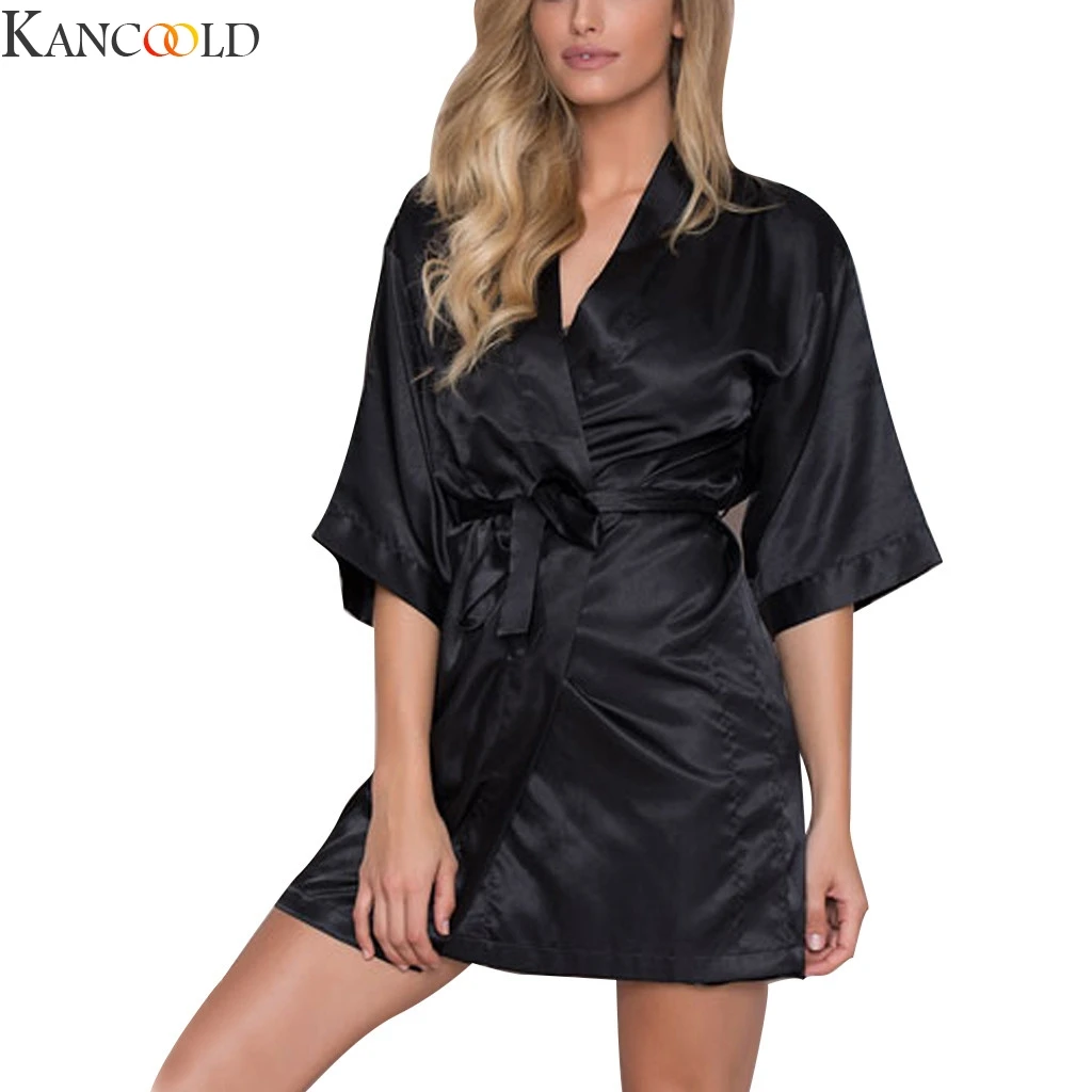KANCOOLD Женский комплект из 2 предметов, сексуальная однотонная Пижама с v-образным вырезом, атласная ночная рубашка с длинными удобными рукавами, ночная рубашка с поясом из полиэстера