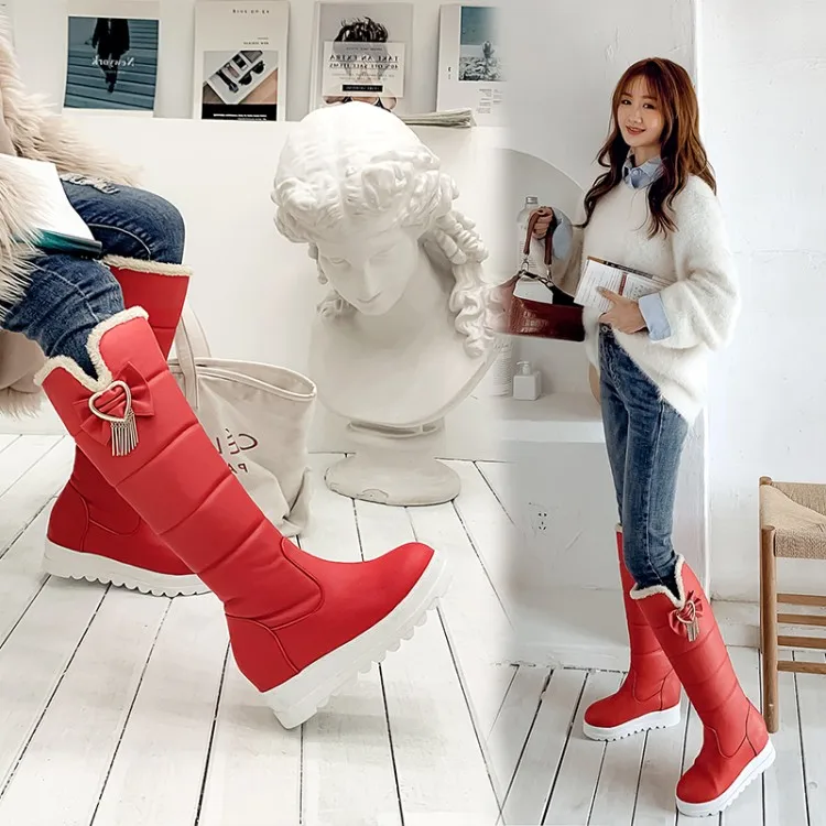 US4-11 Womens Round Toe Bowknot Beads Decor Knee High Thigh Boots Platform Wedge Heel Snow Warm Winter Shoes Plus Size 3Colors