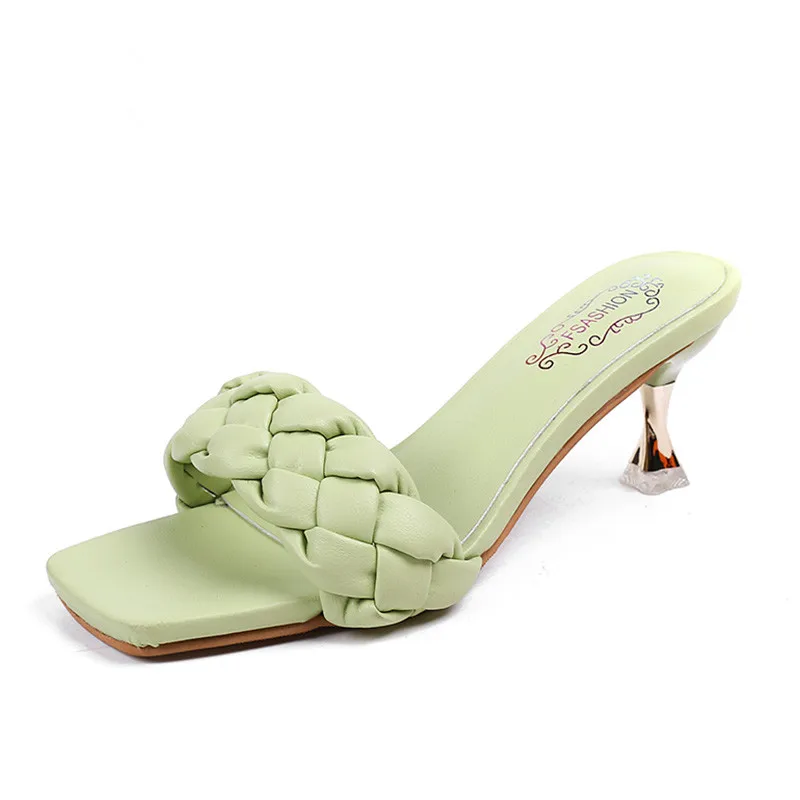 

2020 New Design Weave Women Slipper Ladies Thin High Heel Sandal Open Toe Slip On Summer Outdoor Slides Flip Flop Shoes