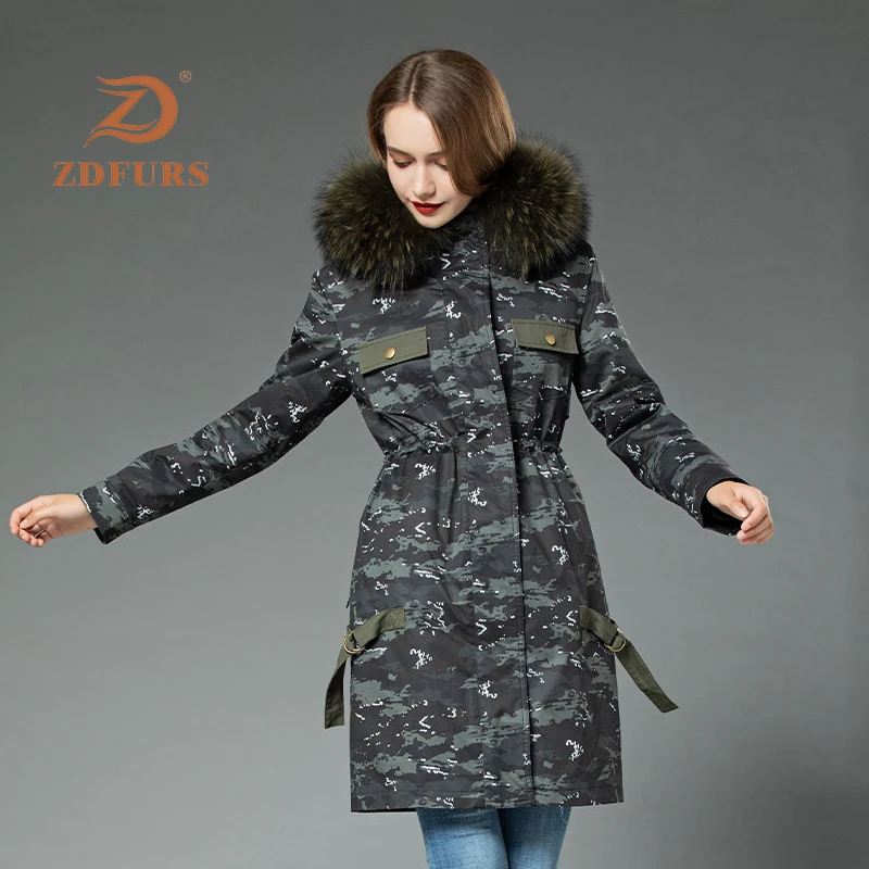 ZDFURS* новая парка из меха кролика Рекс женская зимняя куртка пальто с капюшоном из меха енота меховая куртка длинная съемная внутренняя камуфляжная