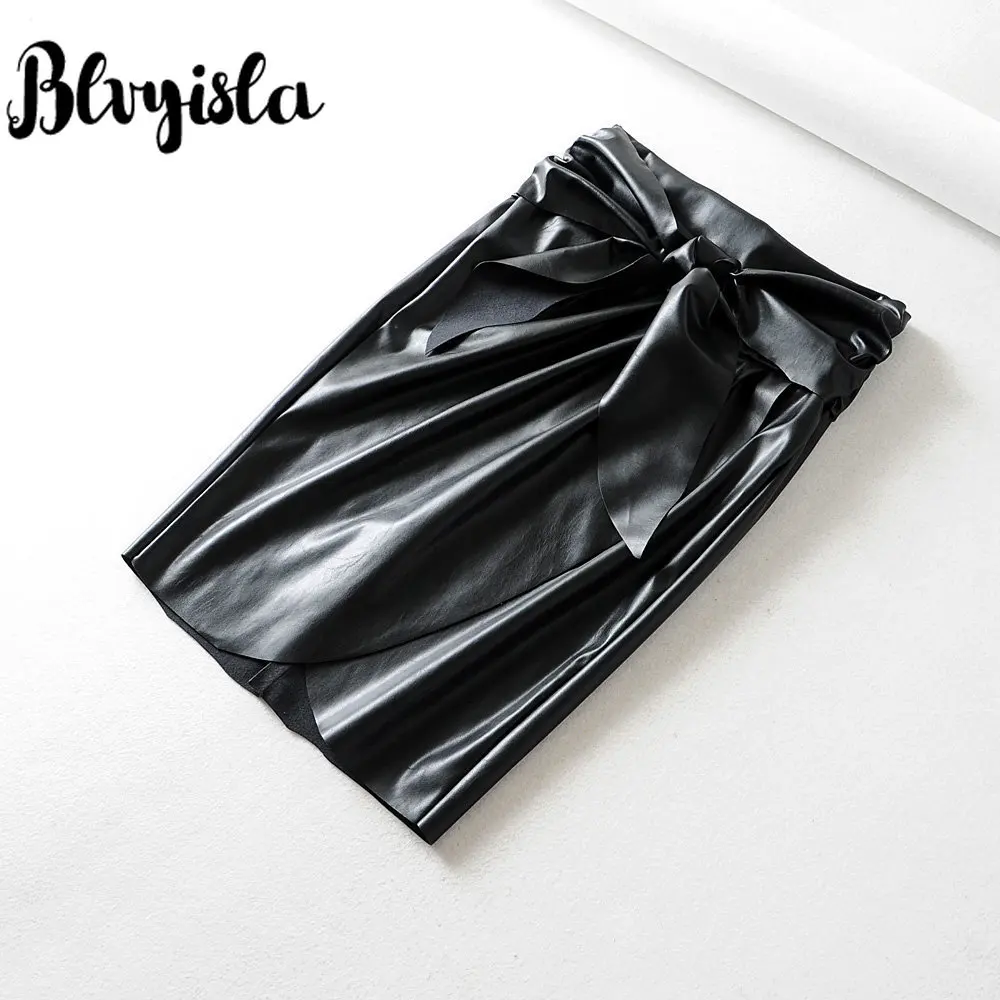 Blvyisla черная PU шикарная облегающая юбка-карандаш с повязкой на талии, сексуальные женские нестандартные мини-юбки с разрезом