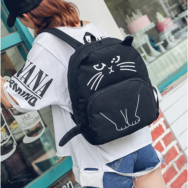 Милый дизайнерский рюкзак в стиле Харадзюку с кошачьими ушками, черно-белый холщовый рюкзак для женщин, школьная сумка для ноутбука, рюкзаки для девочек-подростков, Mochila