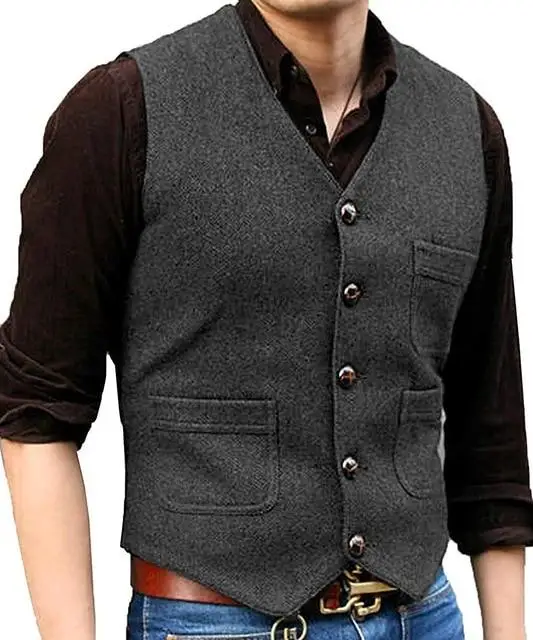 Wool Dark Green Groom vests Wedding Country Tweed slim fit wedding Party for men Attire Groomsmen Vest Prom