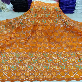 

African bazin riche fabric with brode Latest fashion embroidery bazin lace fabric with net lace 5 yards orange