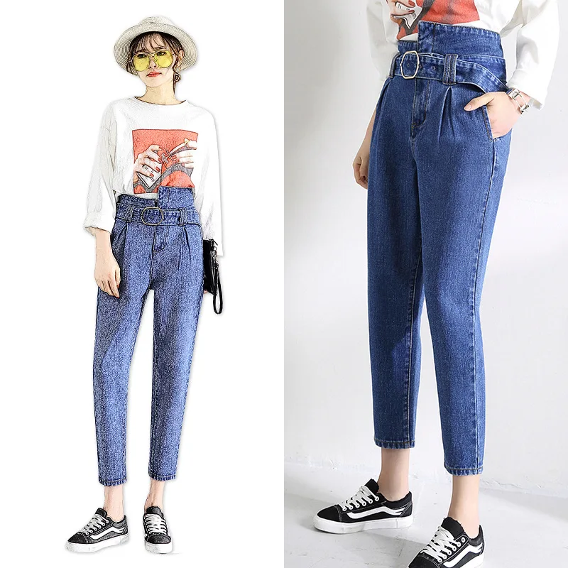 

According to Nalini 2019 Spring New Style High Waist Jeans Women's with Belt Slimming Crimping Loose Pants