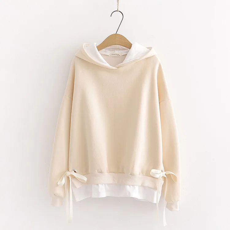 Apricot Merry Pretty, женские одноцветные толстовки на шнуровке, толстовки,, зимние, длинный рукав, поддельные, две части, с капюшоном, плюс бархат, пуловеры - Цвет: Apricot