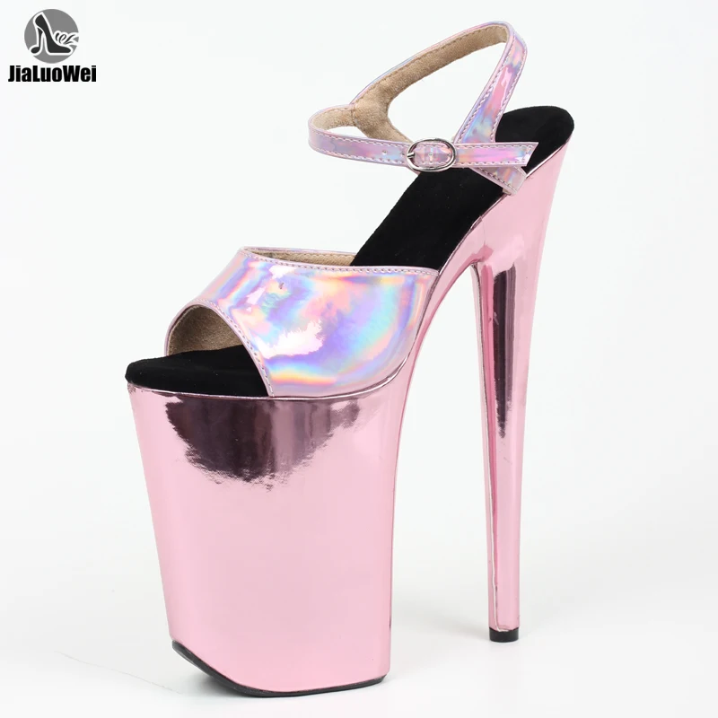 Jialuowei 9 Inch Heel Pink Gold Chrome Ankle Strap Sandals Platform Pole Dancing Sexy High Heels
