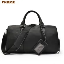 PNDME повседневная мужская черная Дорожная сумка из натуральной кожи, простая Высококачественная сумка из воловьей кожи, Большая вместительная сумка для багажа, сумка для путешествий, сумки