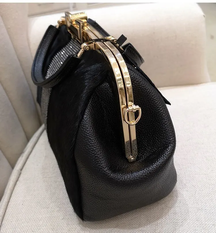 [Telastar] Женская меховая сумка-мессенджер из конского волоса, кожаная сумка-тоут с кисточками, стразы, металлическая рамка, Бостонская сумка, сумка через плечо