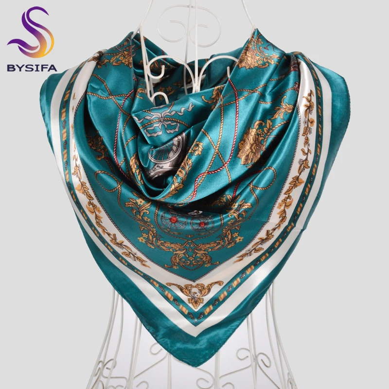 

[BYSIFA] Dark Green Square Scarves Wraps Women Brand Silk Scarf Shawl 2019 Fall Winter New Head Neck Scarf Hijab Foulard Femmee