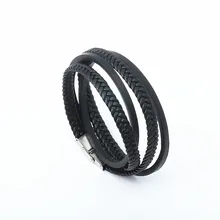 Снова драгоценный камень Многослойный черный кожаный браслет с застежкой из нержавеющей стали мужской браслет подарок для мужчин двойной браслет