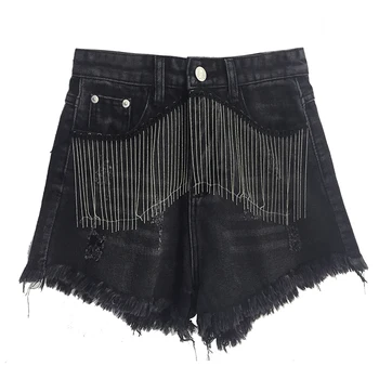 

Spring new Korean Hong Kong flavor chain tassel heavy industry loose high waist denim shorts raw edge irregular hot pants
