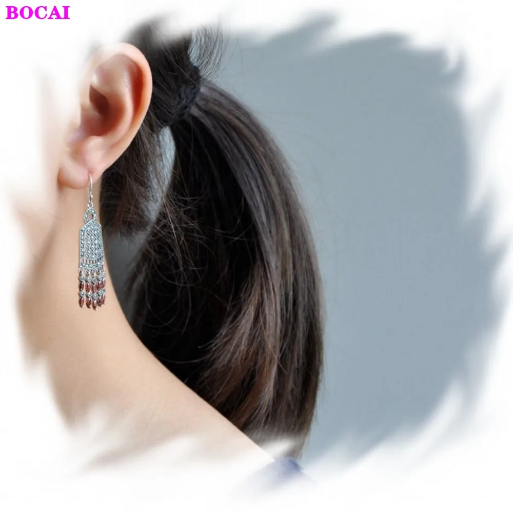 BOCAI 100% S925 Sterling Silver Ear Drop 2021 Fashion Simple Thai Silver Tassel Garnet Jewelry Pure Augentum Earrings For Women