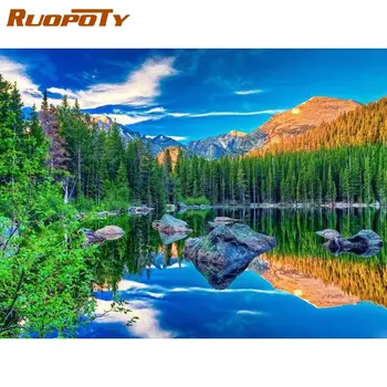 

RUOPOTY Beautiful Green House And Mountain Landscape Paint By Numbers Kits For Adults Oil Paints Framed Diy Home Wall Decor Art