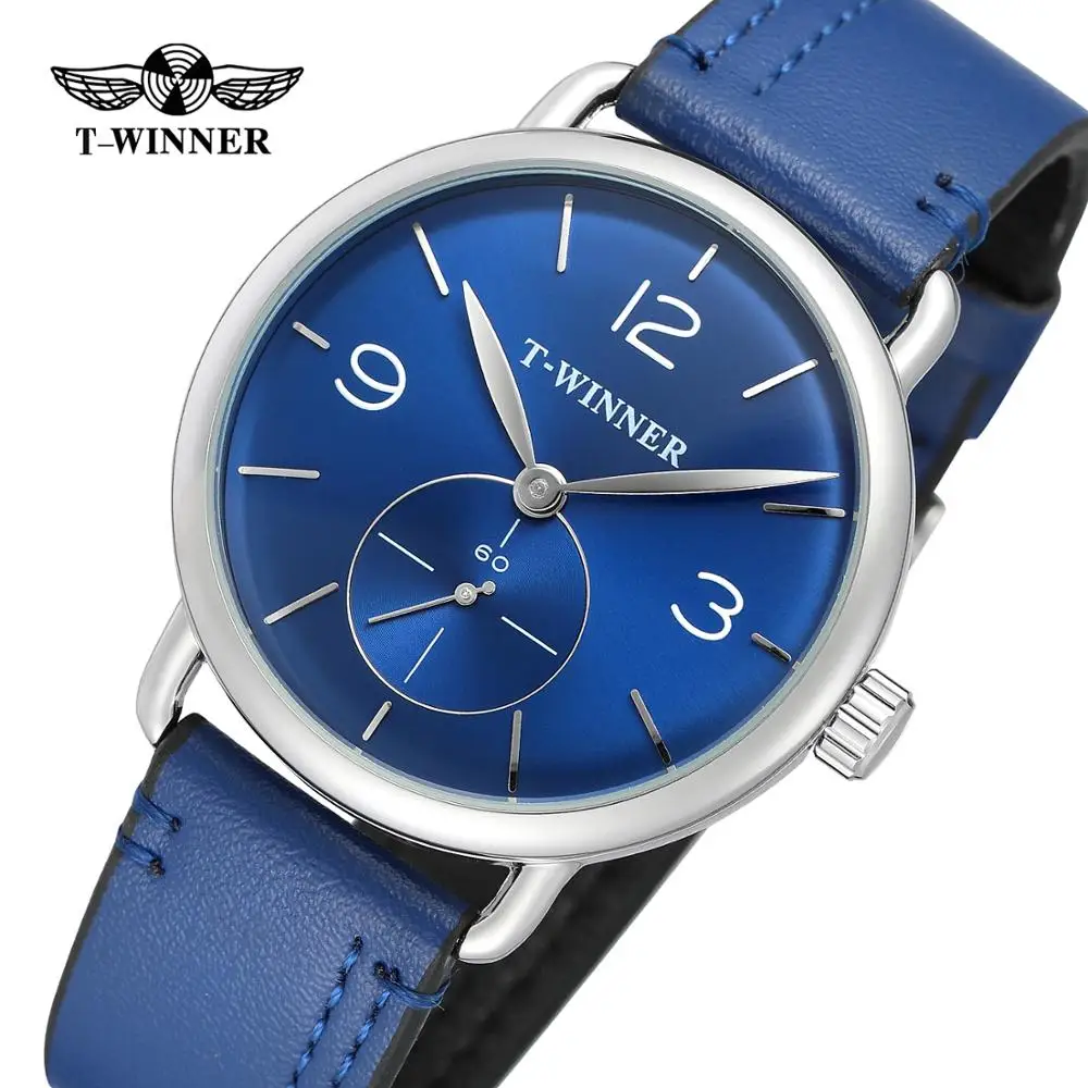 Simple casual men's and women's watches blue dial leather strap automatic mechanical watch T-WINNER