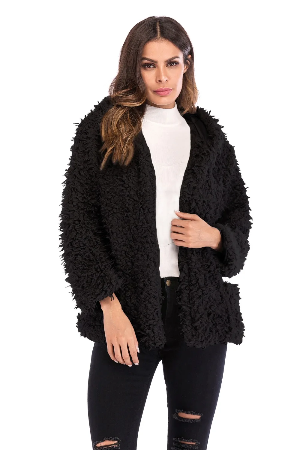 Casual Autumn Winter Teddy Coat Women Long Sleeve Pocket Loose Fluffy Jacket Warm Faux Fur Coat 2019 Short Hooded Overcoat  (18)