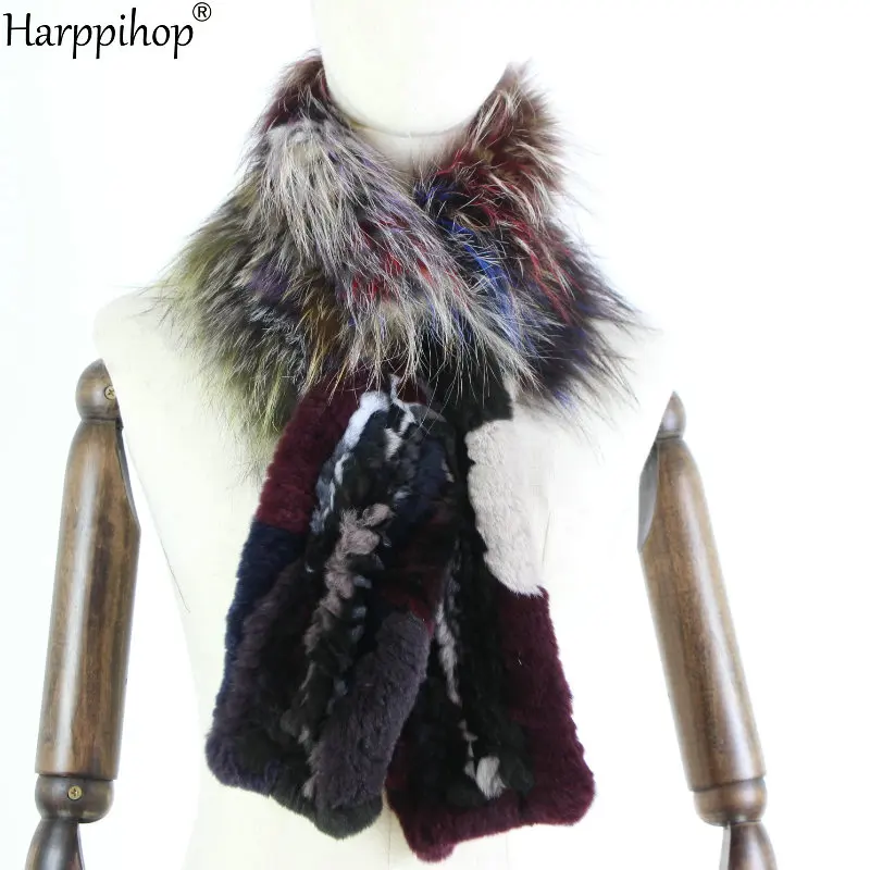 

HARPPIHOP*New 2019 Winter Genuine Real Rex Rabbit Fur scarf Women's Fashion Fur Scarves Silver Fox Fur Knitted Wraps Multicolor