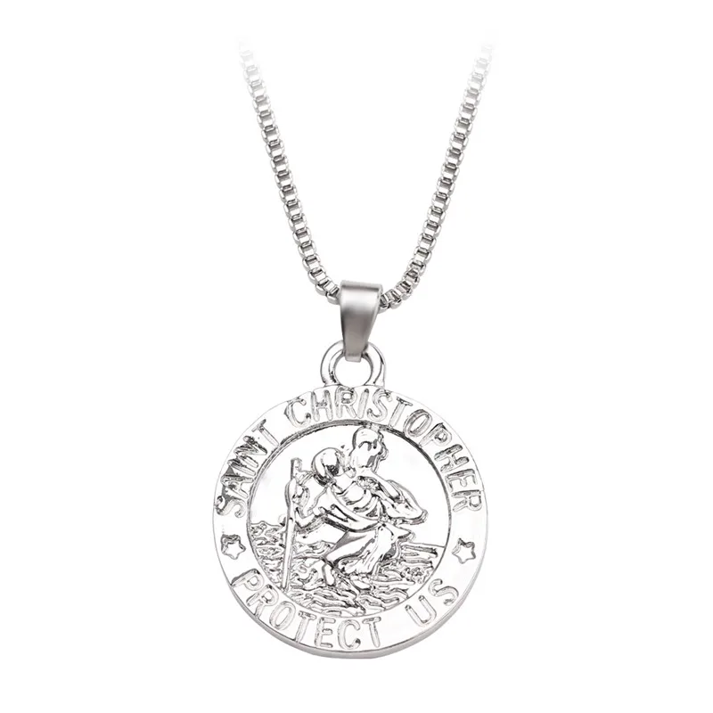 

Wholesale Jesus Christ Chain Necklace Saint Christopher Necklaces Round Silver Gold color Jewelry Gift For Christians