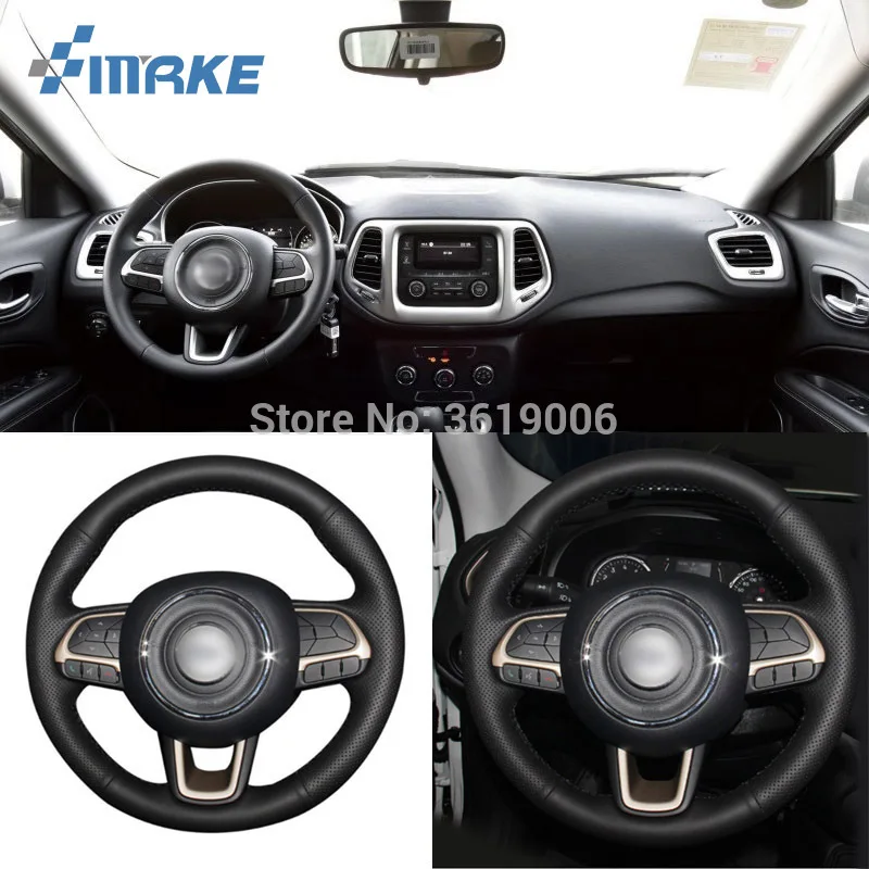 

Чехол на руль для Jeep Compass 2017, высококачественный, прошитый вручную, нескользящий, черный, кожаный, с черной нитью, «сделай сам»