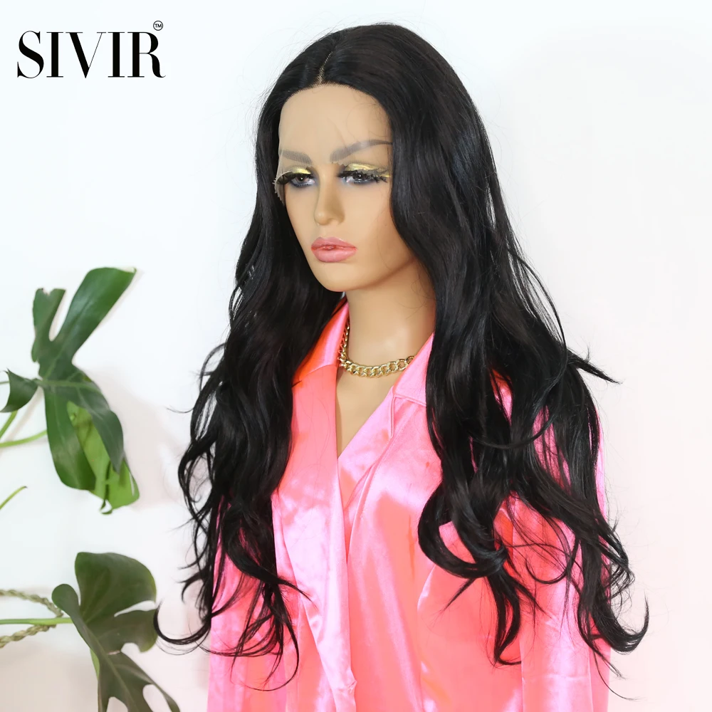 

Sivir Black color Synthetic wigs with Natural Hairline Middle Part Lace Front Long Wavy Wigs For Women party/daily