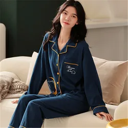 Fdfklak New Pijamas Women Fashion Lapel Long Sleeve Tops + Pant Two Piece Set Spring Fall Sleepwear Cotton Pajamas Home Suit