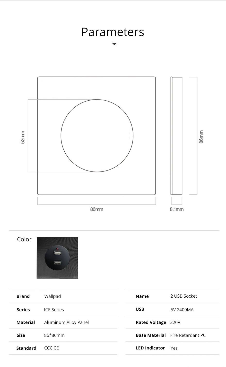 2 USB Charger Socket 5v 2400MA Wallpad Luxury Aluminum Metal Panel Electric Wall Power Socket Electrical Outlets For Home