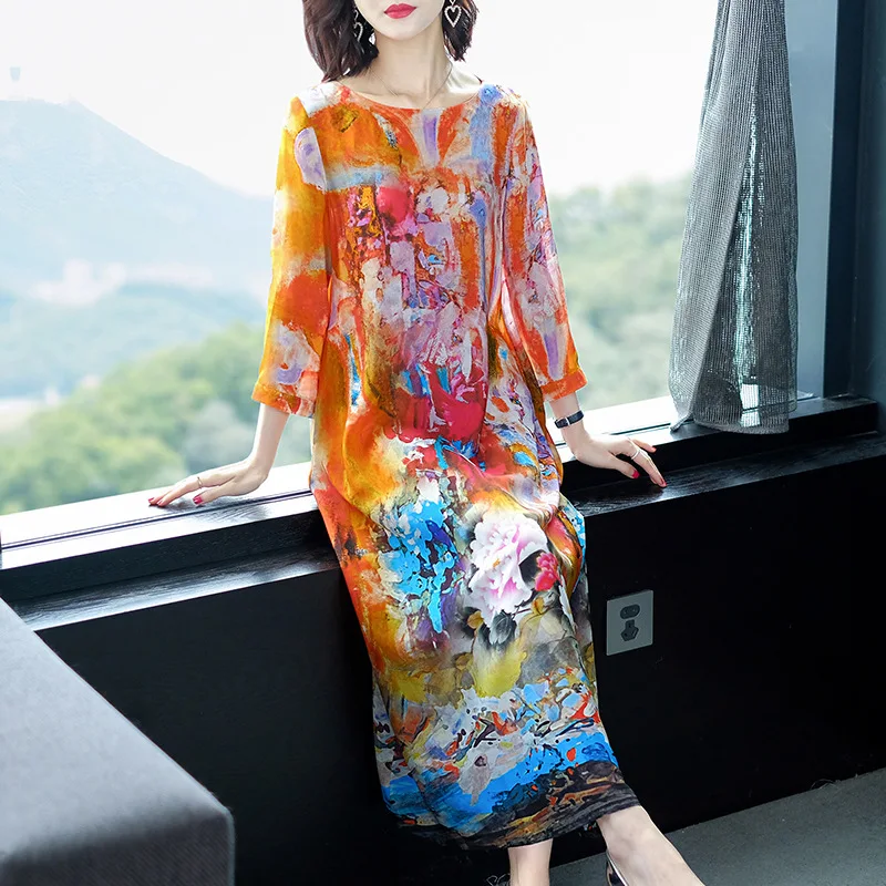 

2019 Spring And Summer New Style Korean-style Chinese-style Loose-Fit Slimming Mulberry Silk Long Skirts Floral Printed Dress Wo