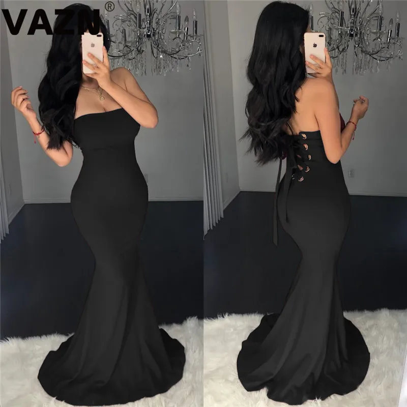VAZN ALS060 New Young Lady Of Note Sexy Club Fashion Cross Bandage Backless Strapless High Waist Women Mermaid Maxi Dress