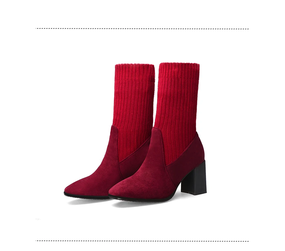 BESCONE Suede Women Mid-Calf Boots Winter Handmade Short Plush Solid Square Heel Shoes New Sexy Pointed Toe Ladies Boots BM274