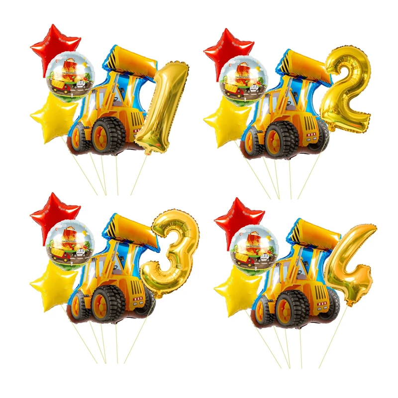 5 unids/set excavadora globos de papel de aluminio de construcción coche de doble cara globo redondo niños regalos decoraciones para fiesta de cumpleaños suministros DIY