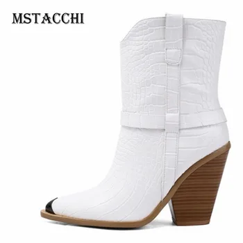 

MStacchi Spring Coherer Pointed Toe Mid-Calf Boots For Women Thick Heels Slip-On Botas Mujer Fashion Western Cowboy Wdges Boot