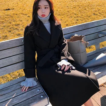 

Women Artificial Woolen Coat Female Long Coat Autumn Winter Woolen Coat Warm and Windproof IK88