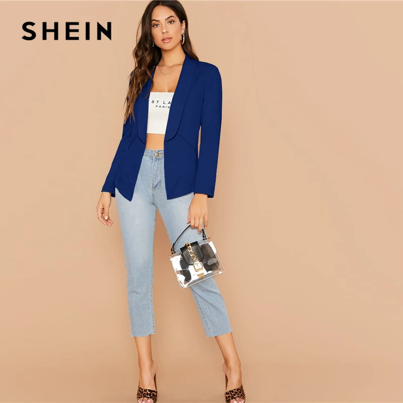 SHEIN Одноцветный платок воротник приталенный элегантный блейзер для женщин осень длинный рукав офисный женский открытый передний базовый Блейзер Пальто