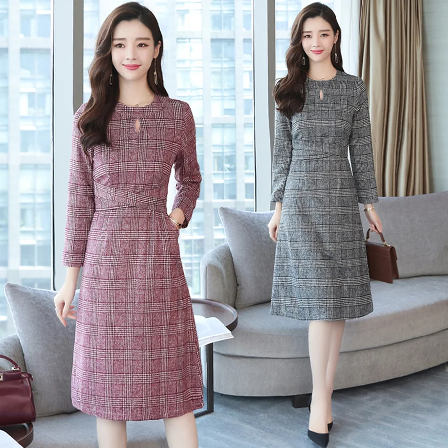 

2019 Vintage Plaid Hairy Midi Dresses Autumn Winter 2XL Plus Size Solid Long Sleeve Dress Elegant Women Bodycon Party Vestidos
