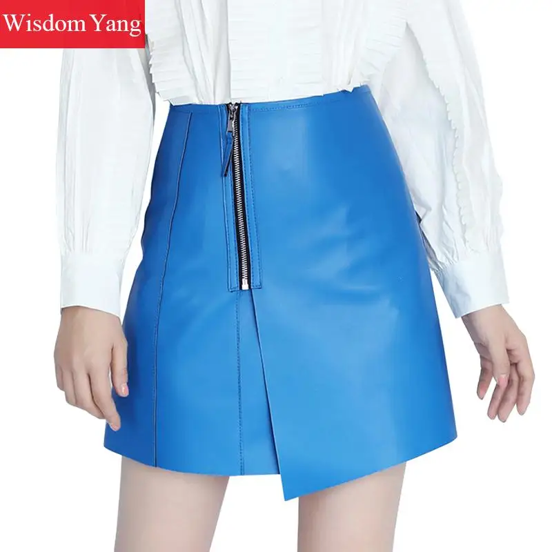 Herfst Echt Leer Schapenvacht Korte Rok Vrouw Hoge Taille Rokken Vrouwen Koreaanse Sexy Blauw Kaki Lady Mini Asymmetrische Rok