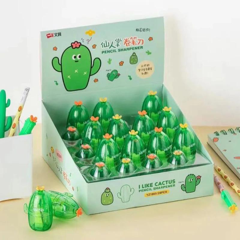 

1 Pcs Cartoon Green Cactus Plant Transparent Pencil Sharpeners Single Hole Pencil Cutters for School Student Stationery Gifts