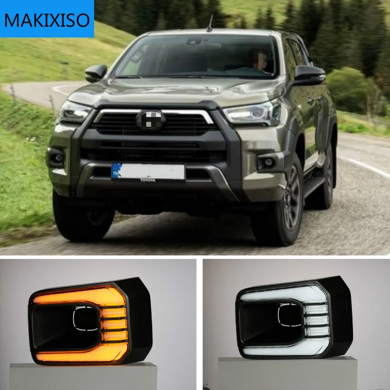 

Автомобисветодиодный светодиодные дневные ходовые светильник ни, 1 пара, реле сигнала поворота желтого цвета, 12 В, дневные ходовые огни для Toyota Hilux Revo Rocco 2020 2021